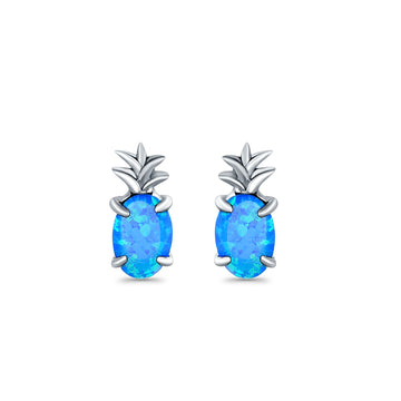Pineapple Stud Earrings Lab Created Blue Opal 925 Sterling Silver (15mm)